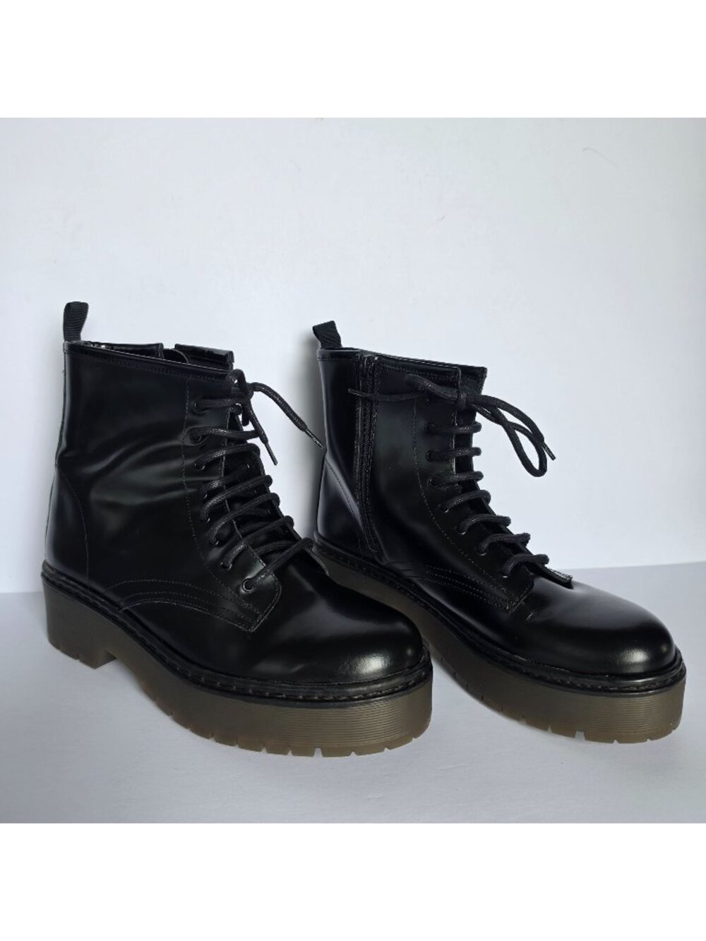 Helene Rouge Black Leather Combat Boots Made in Spain Size 10 Platform Lug Sole